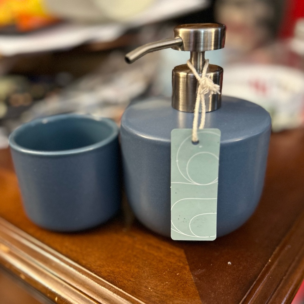 Haven Blue Soap Dispenser and Cup Set